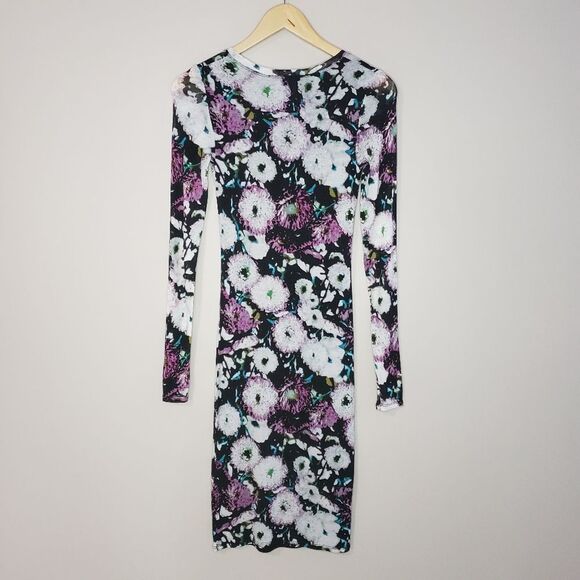 BCBG MaxAzria XSmall Long Sleeve Purple Blue Floral V-neck Bodycon Tori … - Picture 2 of 12